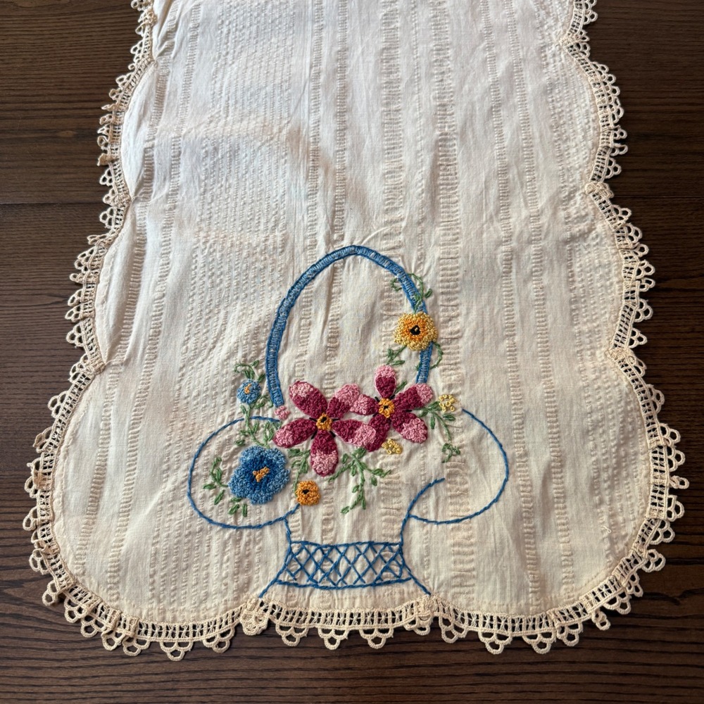 Vintage Hand Embroidered Dresser Scarf Table Runner 44x16 Floral Crochet Lace